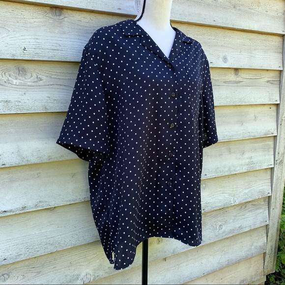 Vintage 90s Black Polka Dot Print Button Down Short Sleeve Collared Popover Top - Picture 2 of 16